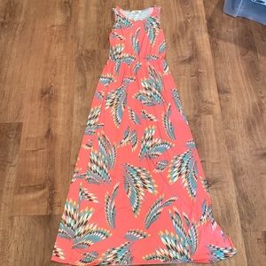 Coral Feather Print Maxi Dress